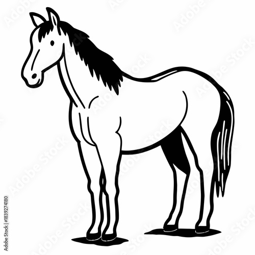 Simple black and white illustration of a standing horse