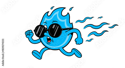 Blue flame character running fast with sunglasses and open mouth expression.