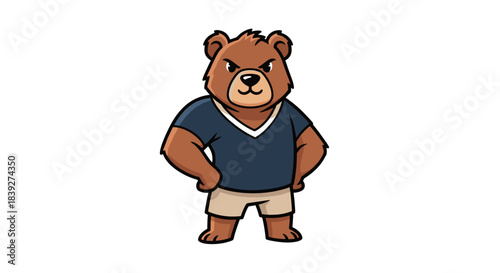 Cartoon Bear with Angry Expression Wearing Clothes.