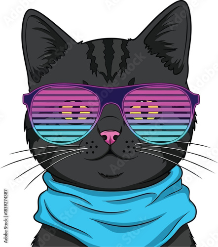 Cool black cat wearing retro synthwave sunglasses and blue scarf