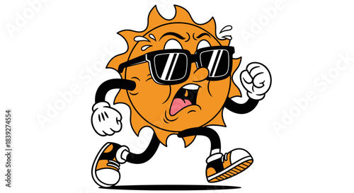 Cartoon sun character running fast wearing sunglasses with angry expression.
