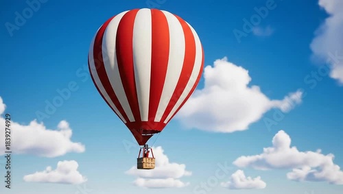 Red and white striped hot air balloon floating through a sunny blue sky with fluffy white clouds