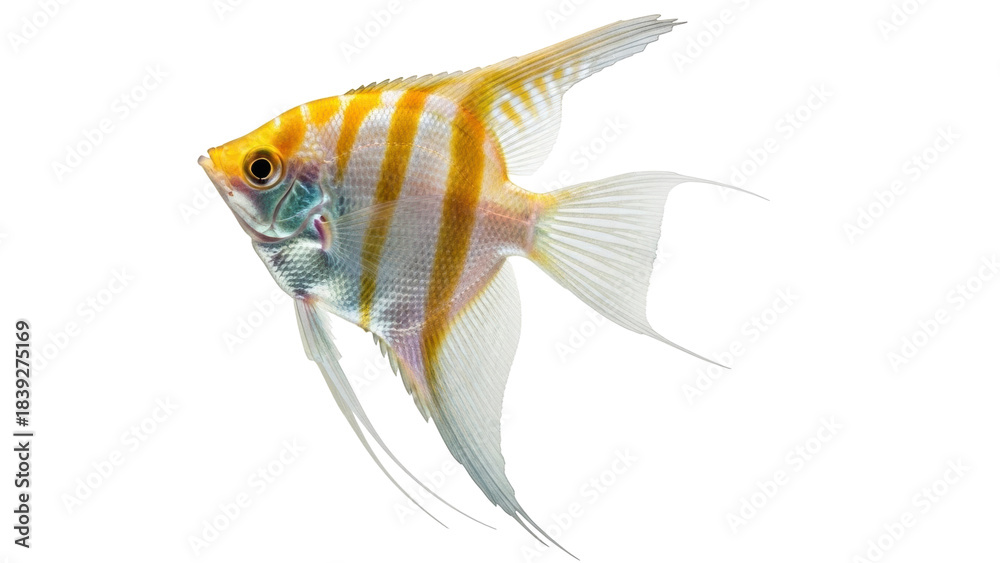 Naklejka premium Isolated Beautiful freshwater angelfish with gold stripes, flowing fins and tail
