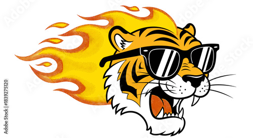 Cool Flaming Tiger Head with Sunglasses Roaring Fiercely.