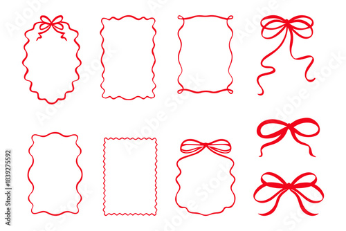 Whimsical coquette style set with red ribbon bows, wavy frames, hand-drawn borders and vintage doodles, vector illustration