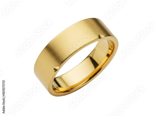 Isolated golden wedding band with triangle cutouts, gold ring is traditional marriage jewelry