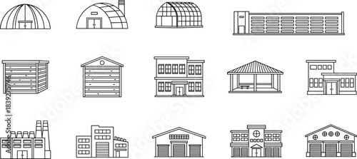 Collection of various building illustrations including warehouses, sheds, factories, pavilions, modern houses, and storage structures in clean line art style for architecture design visuals
