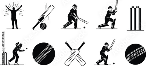 Cricket icons set featuring batsmen, bowlers, wickets, cricket balls, and sports equipment in dynamic action silhouettes for athletic design, competition graphics, and game illustrations