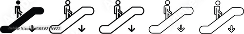 Escalator down icons set showing person descending stairs, transportation safety symbols, public facility navigation signs, black and outline variations for direction guidance 