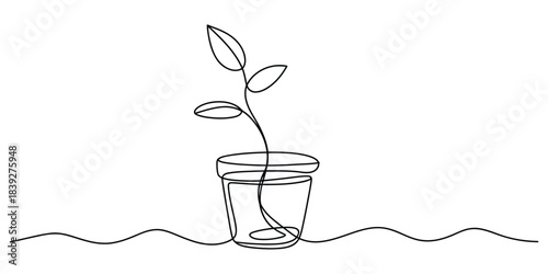 Minimalist continuous line drawing of a potted plant