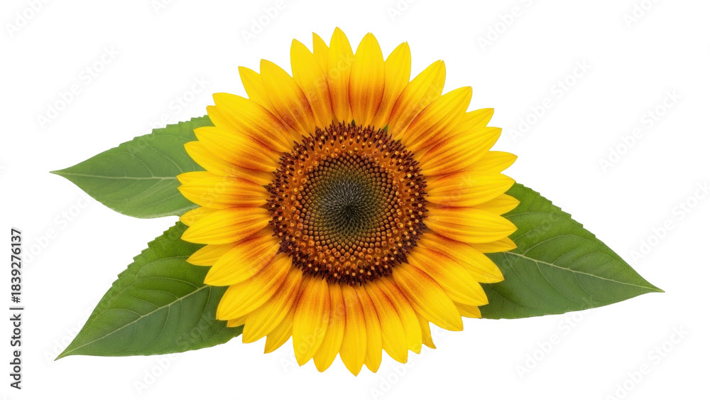 Naklejka premium Isolated sunflower head with leaves, autumn plant with yellow and orange petals, floral blossom