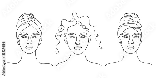 Continuous line art of female faces and hairstyles