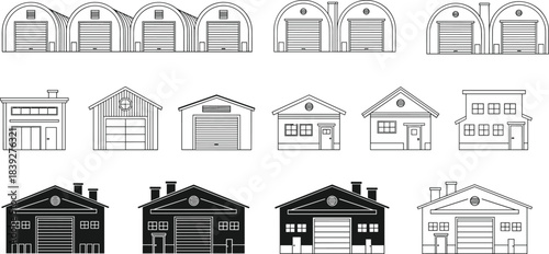 Set of warehouse and garage building illustrations featuring storage units, industrial structures, small houses, and line art designs for construction, architecture, planning, and facility visuals