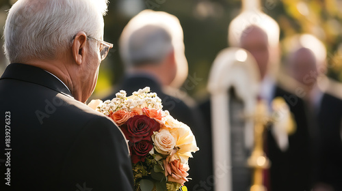 Respectfully dressed, an older man clutches a bouquet of flowers at a somber event, attending a funeral with others, as they collectively grieve for a loved one passed away.