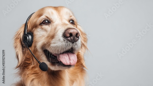 Golden retriever wears headset, looks to side. Dog tongue out. Headphone concept for call center customer service. Animal listening something. Cute pet on plain background smiles Generative Ai