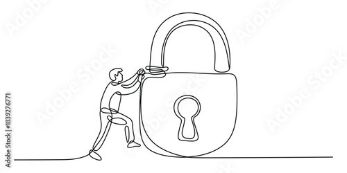 Continuous line drawing of man securing padlock