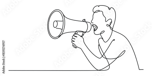 Continuous line drawing of a person with a megaphone