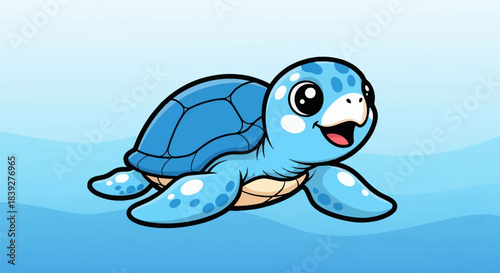 Adorable Blue Sea Turtle Swimming with a Cheerful Expression.