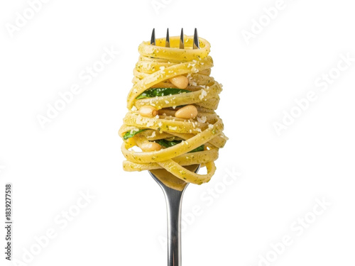 Konstfotografi Isolated tagliatelle pasta with pesto and pine nuts on a fork, traditional Itali