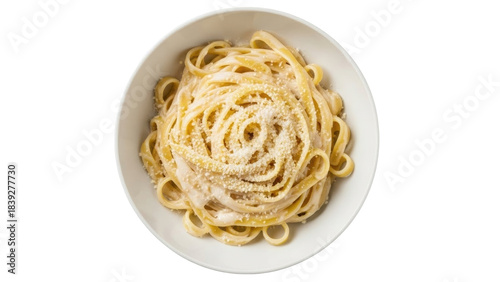 Tableau sur toile Isolated bowl of fresh fettuccine pasta with creamy Alfredo sauce and Parmesan c