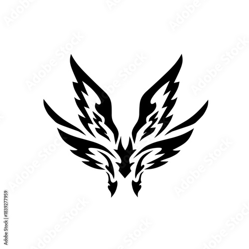 A sharp, stylized design of demonic or dragon wings in solid black. Features tribal, fiery, and aggressive shapes, perfect for edgy, powerful concepts.