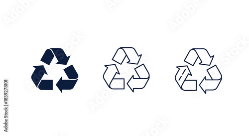 Three variations of the recycling symbol displayed horizontally on a white background.