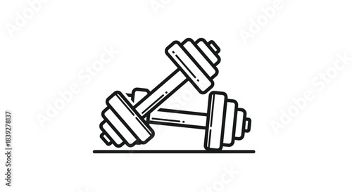Black and white illustration of two dumbbells crossed over each other on a white background.