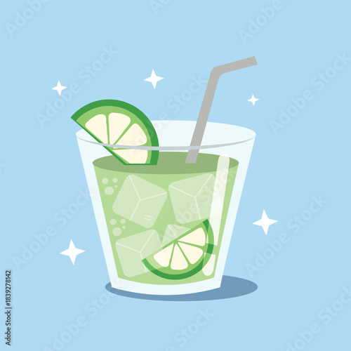 Refreshing Lime Drink with Ice Cubes and Straw