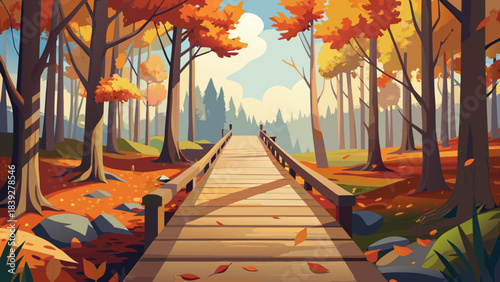 Very beautiful boardwalk trail through Vermont’s autumn woods, with rich colors, falling leaves, and a calm natural atmosphere perfect for seasonal design themes.