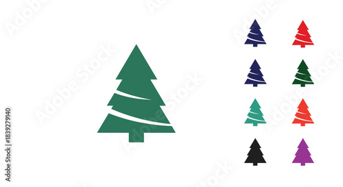 Collection of stylized Christmas trees in various colors on a white background.