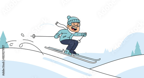 Cartoon skier in blue gear gracefully skiing down a snowy slope with ski poles and goggles.
