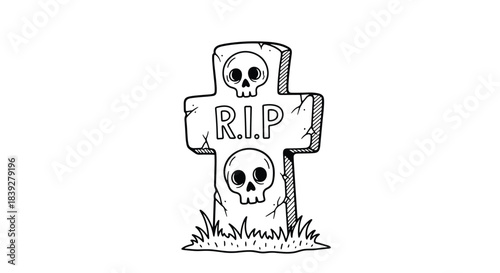 Simple hand-drawn illustration of a cross-shaped gravestone with skulls and rip written on it.