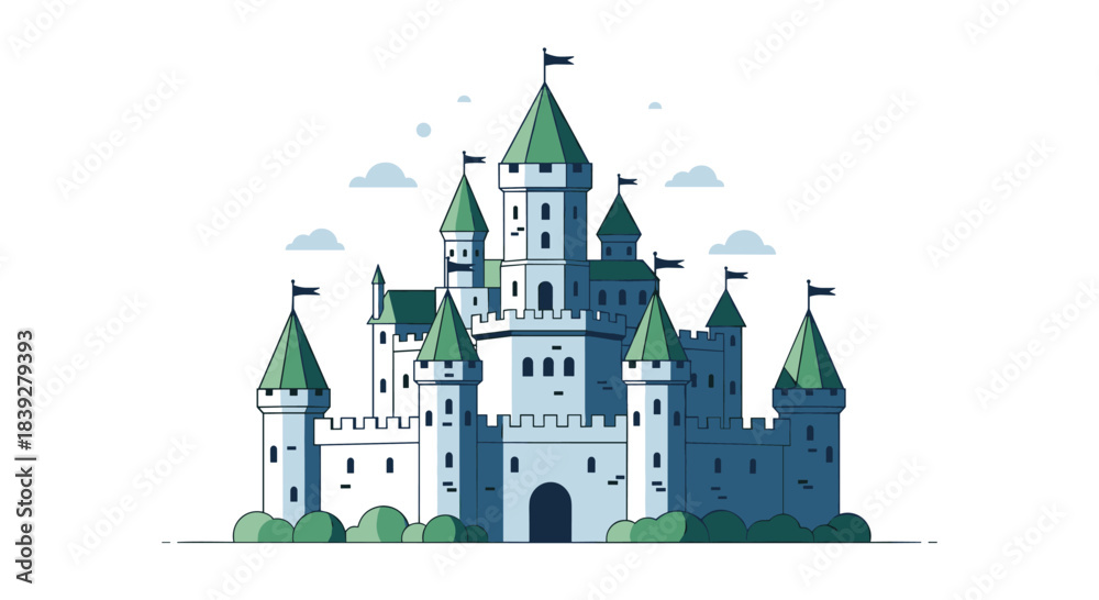 Naklejka premium A beautiful medieval fantasy castle illustration with green turrets and flags on a white background.