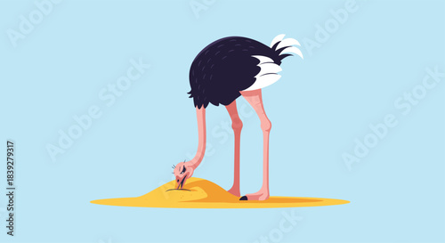 Cartoon ostrich with its head buried in a sandy mound against a light blue background.