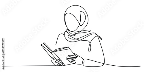 Continuous line drawing of woman reading book in hijab