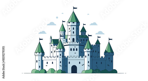A beautiful medieval fantasy castle illustration with green turrets and flags on a white background.