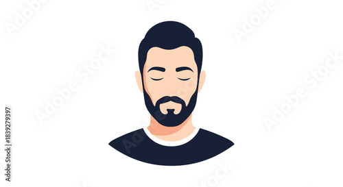 Stylized illustration of a man with closed eyes and a beard wearing a dark t-shirt.