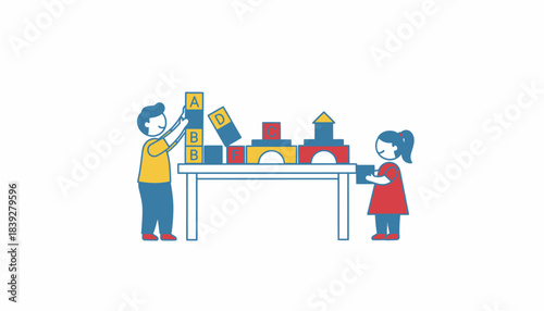 A workstation with building blocks featuring letters where children create towers and structures blending engineering skills with alphabet learning.