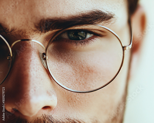 Close-up of a man wearing glasses on a white background, a man wearing glasses looks up