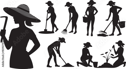 Silhouette shows a woman in a hat gardening with tools on a transparent background