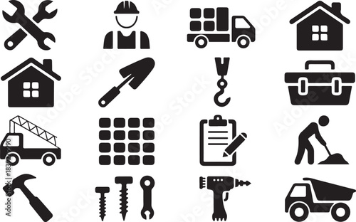Various black glyph construction related elements are neatly organized on a white background