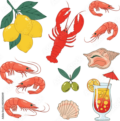 Mediterranean summer vacation illustration set. Italian holiday elements. Hand drawn lemons, seafood, lobster, shrimp, olive, shell, cocktail vector art with white background
