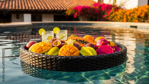 Refreshing floating breakfast tray with tropical fruits and cocktails in a sunny pool