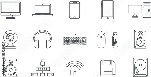 Computer and technology line icon set, collection of laptop, monitor, phone, hardware devices, and electronic gadgets.