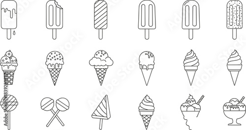 Ice cream line icon set, collection of popsicles, cones, sundaes, lollipops, and frozen desserts for summer.