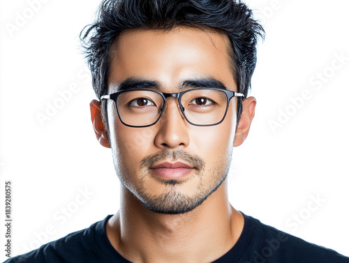 Close-up of a man wearing glasses on a white background, a man wearing glasses looks up