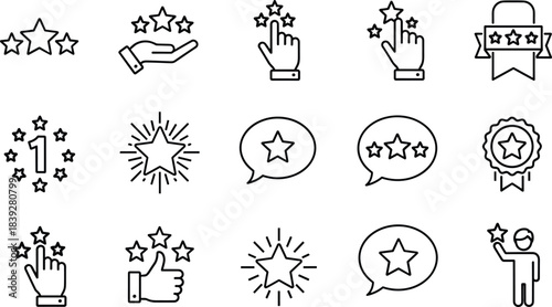 Rating and feedback line icon set, collection of stars, reviews, awards, and quality symbols for business.