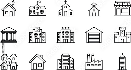 Building line icon set, collection of vector houses, city architecture, school, hospital, bank, and real estate symbols.
