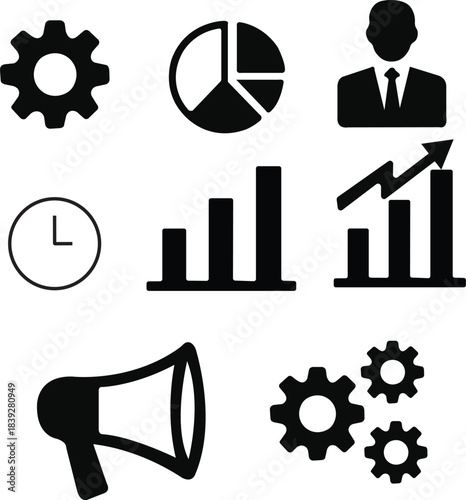 Collection of business and finance icons in black and white