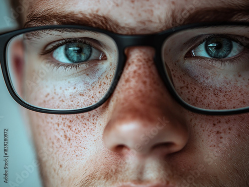 Close-up of a man wearing glasses on a white background, a man wearing glasses looks up